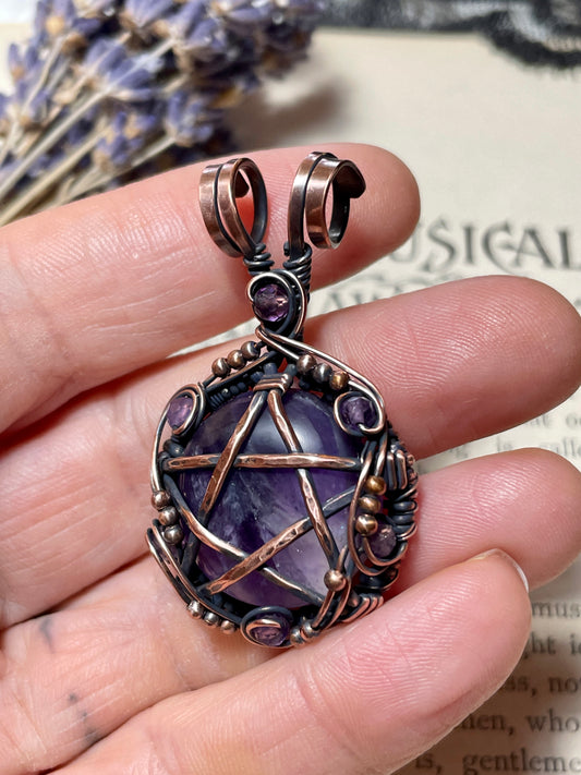 Amethyst Pentacle Pendant in Antiqued Copper