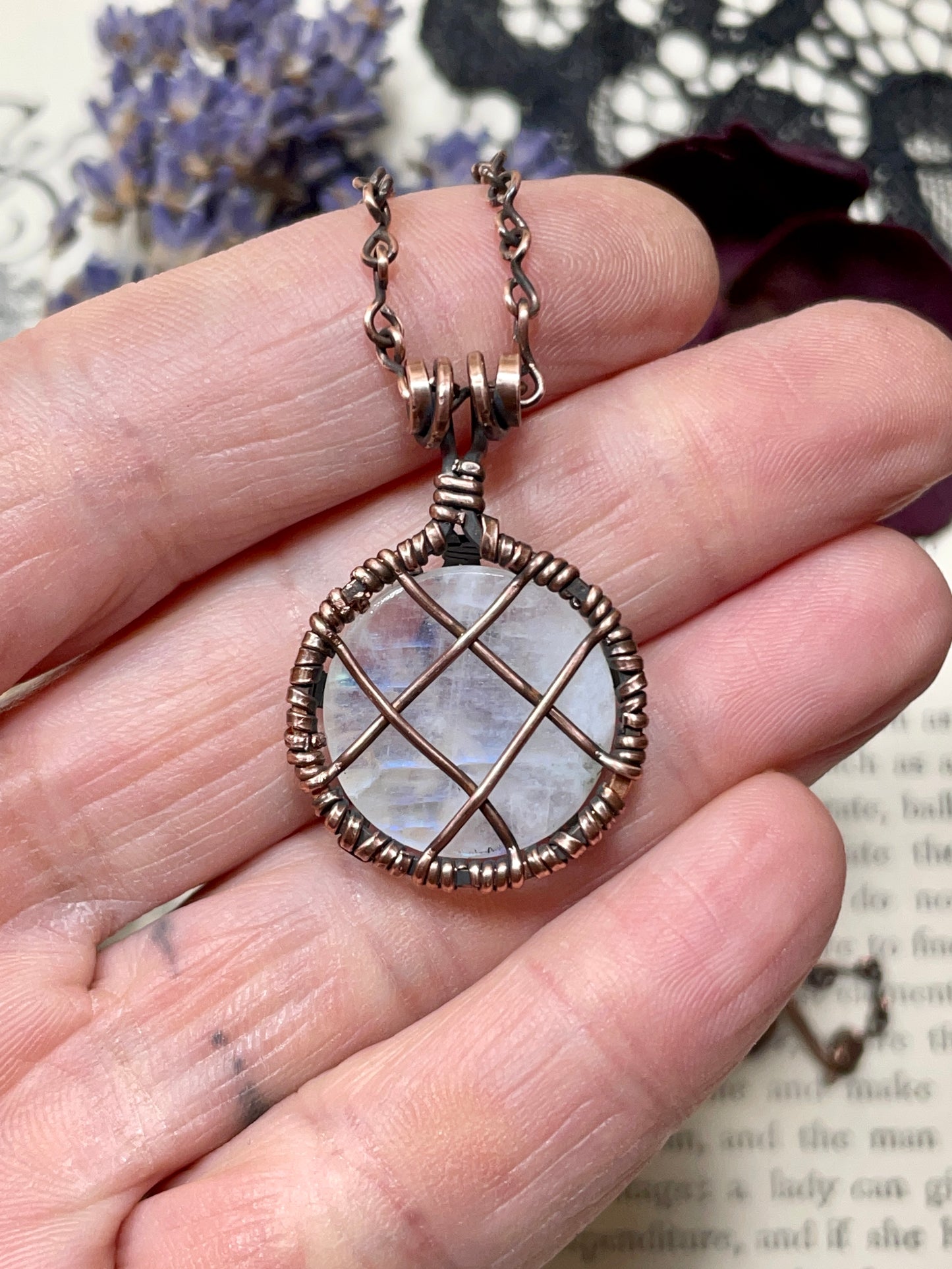 Moonstone (Rainbow Moonstone) Pentacle Pendant in Antiqued Copper