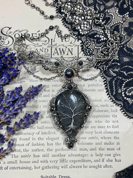 Obsidian (Silver Sheen Obsidian) Tree of Life Collar in Stainless Steel