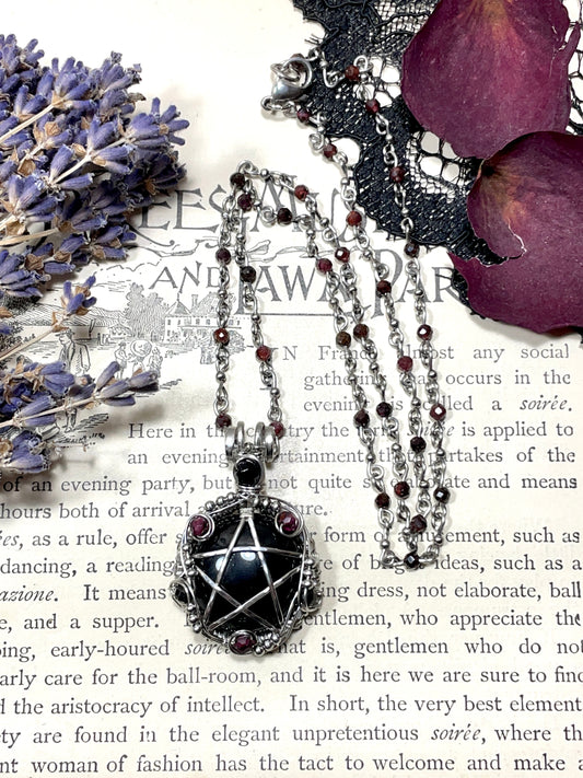 Onyx and Garnet Pentacle Pendant in Stainless Steel