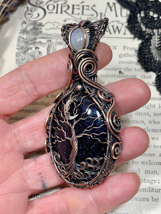 Goldstone (Blue Goldstone) Tree of Life Amulet in Copper