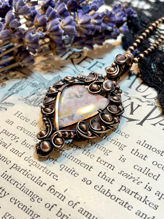 Agate (Pink Agate) Heart Pendant in Copper