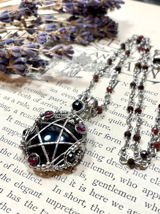 Onyx and Garnet Pentacle Pendant in Stainless Steel