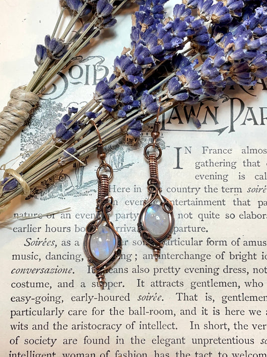 Moonstone (Rainbow Moonstone) Earrings in Copper