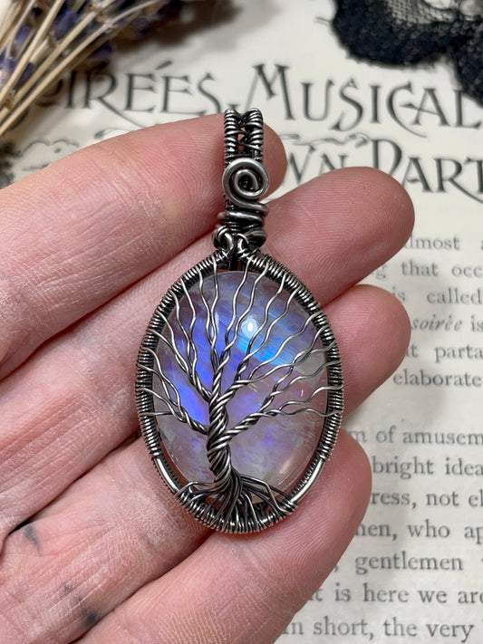 Moonstone (Rainbow Moonstone) Tree of Life Pendant in Sterling Silver