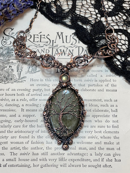 Obsidian (Gold Sheen Obsidian) Tree of Life Collar Amulet in Copper