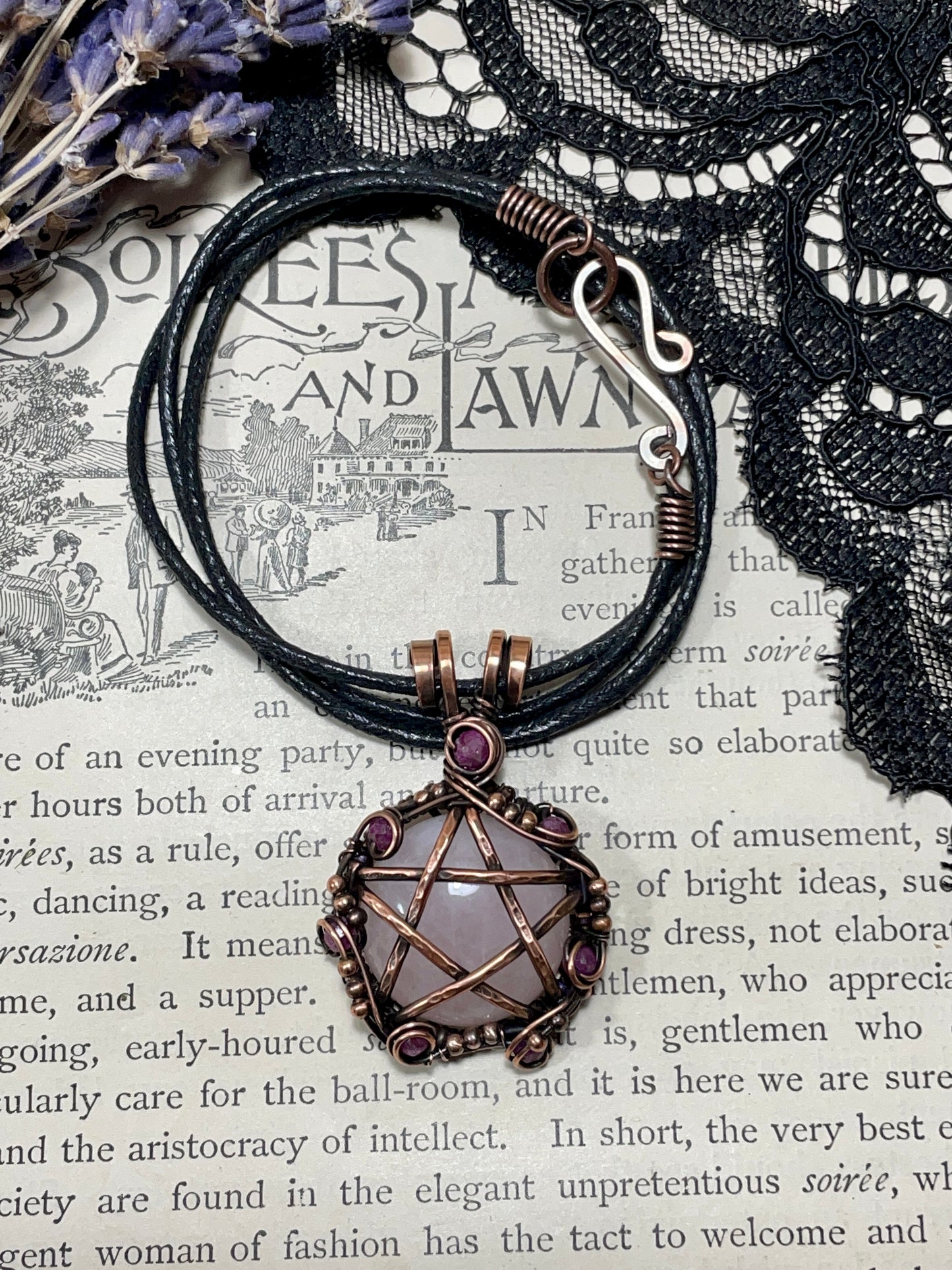 Rose Quartz and Ruby Pentacle Pendant in Copper
