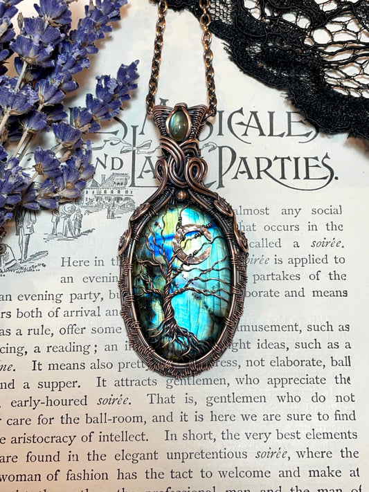 Labradorite Crescent Moon Tree of Life Amulet in Copper
