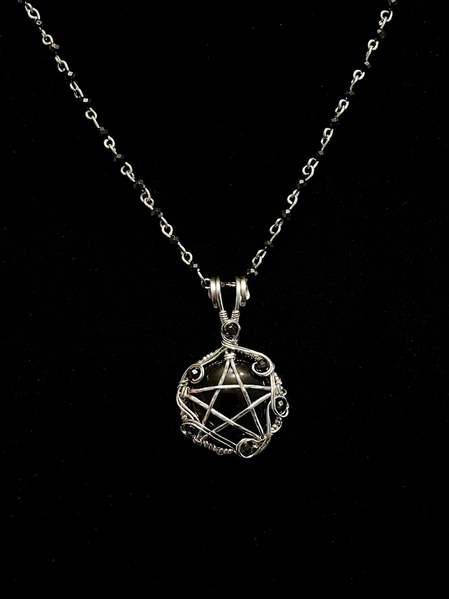 Onyx and Spinel Pentacle Pendant in Stainless Steel
