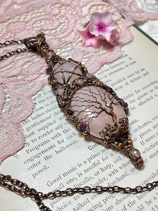 Rose Quartz Tree of Life Pentacle Amulet in Copper
