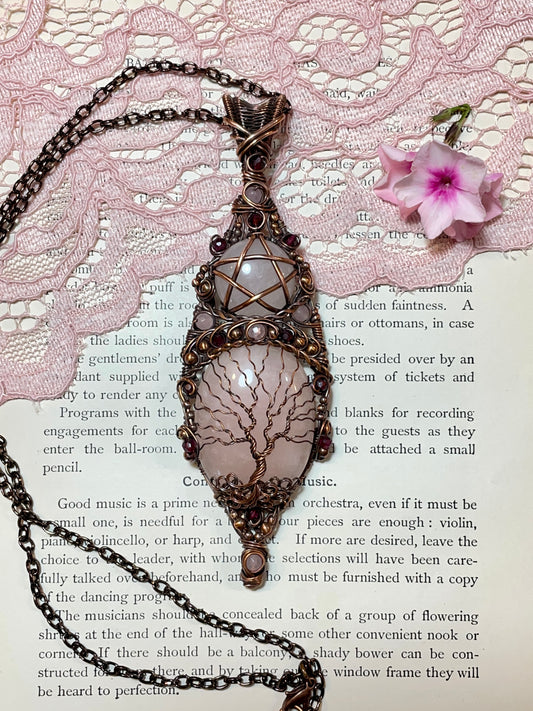 Rose Quartz Tree of Life Pentacle Amulet in Copper