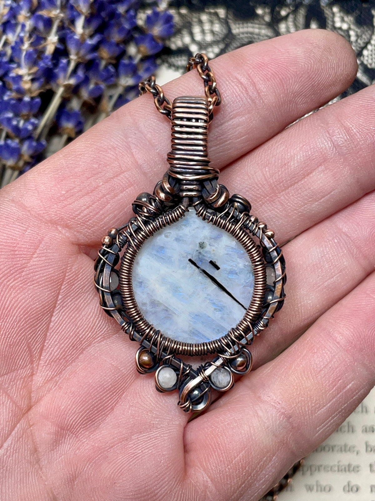Moonstone (Rainbow Moonstone) Tree of Life Pendant in Antiqued Copper