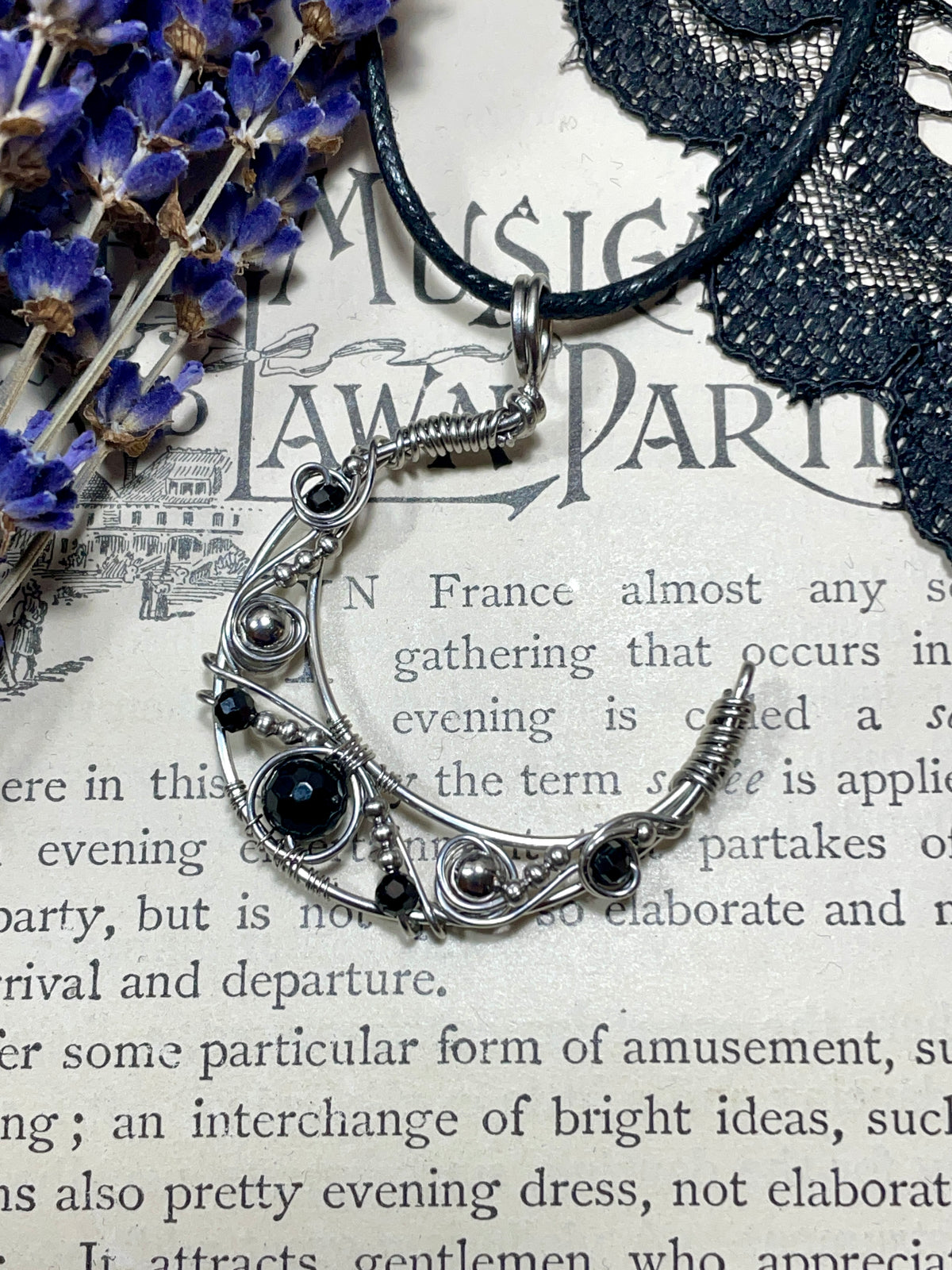 Onyx and Spinel Crescent Moon Pendant in Stainless Steel (Copy)