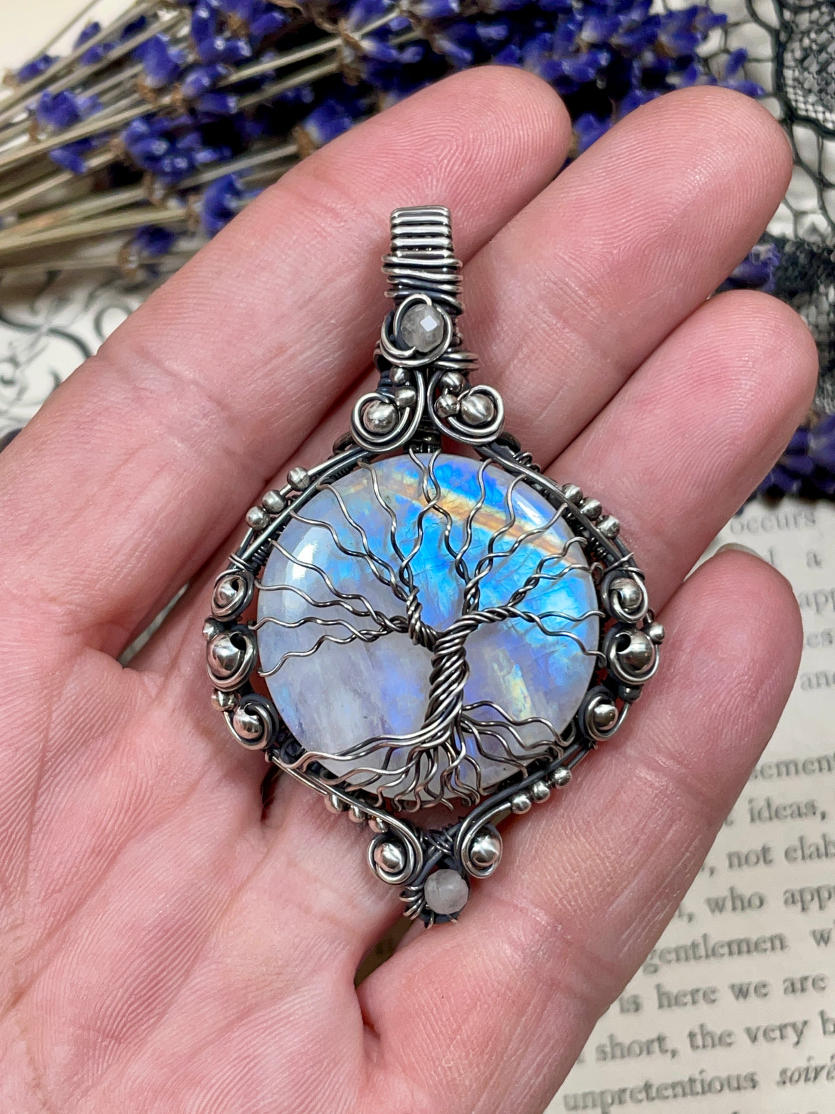 Moonstone (Rainbow Moonstone) Tree of Life Pendant in Sterling Silver