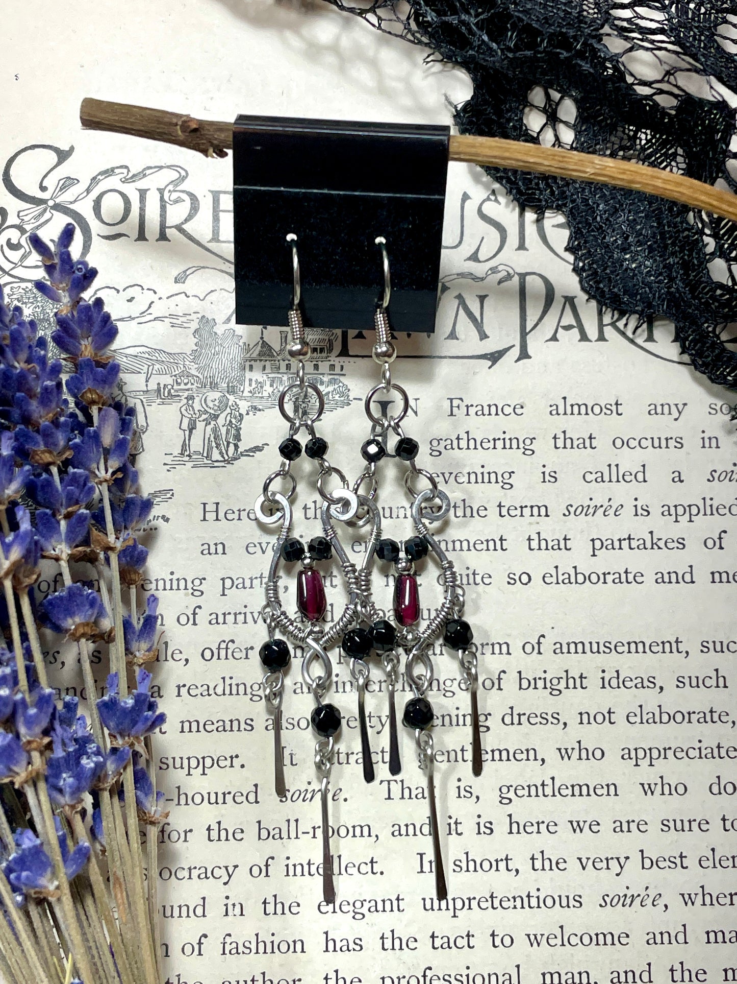 Onyx and Garnet Chandelier Earrings in Stainless Steel