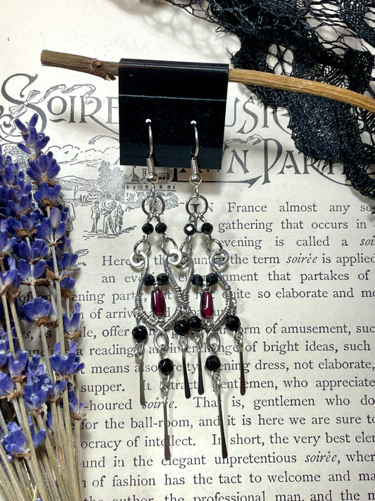 Onyx and Garnet Chandelier Earrings in Stainless Steel