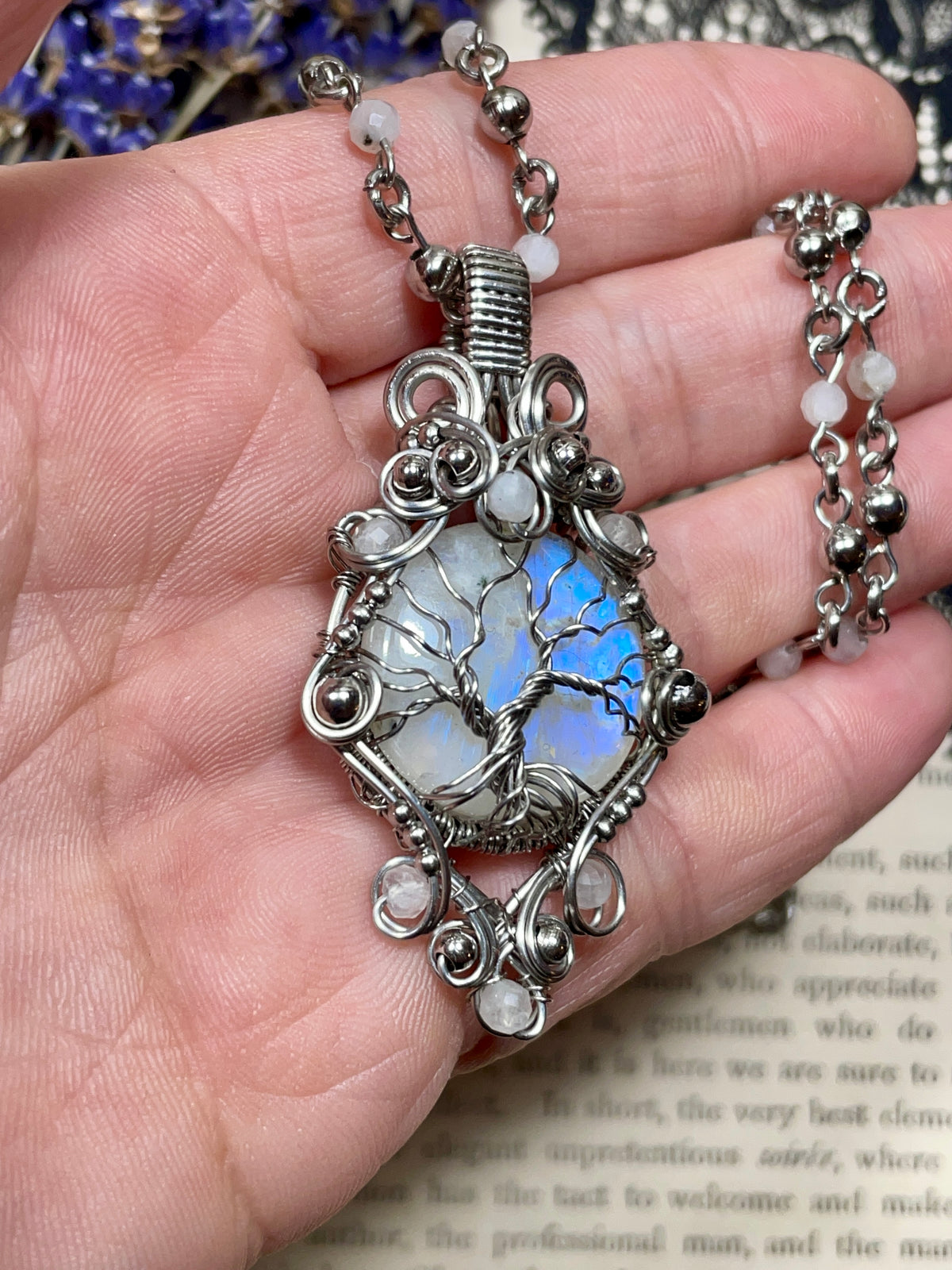 Moonstone (Rainbow Moonstone) Tree of Life Pendant in Stainless Steel