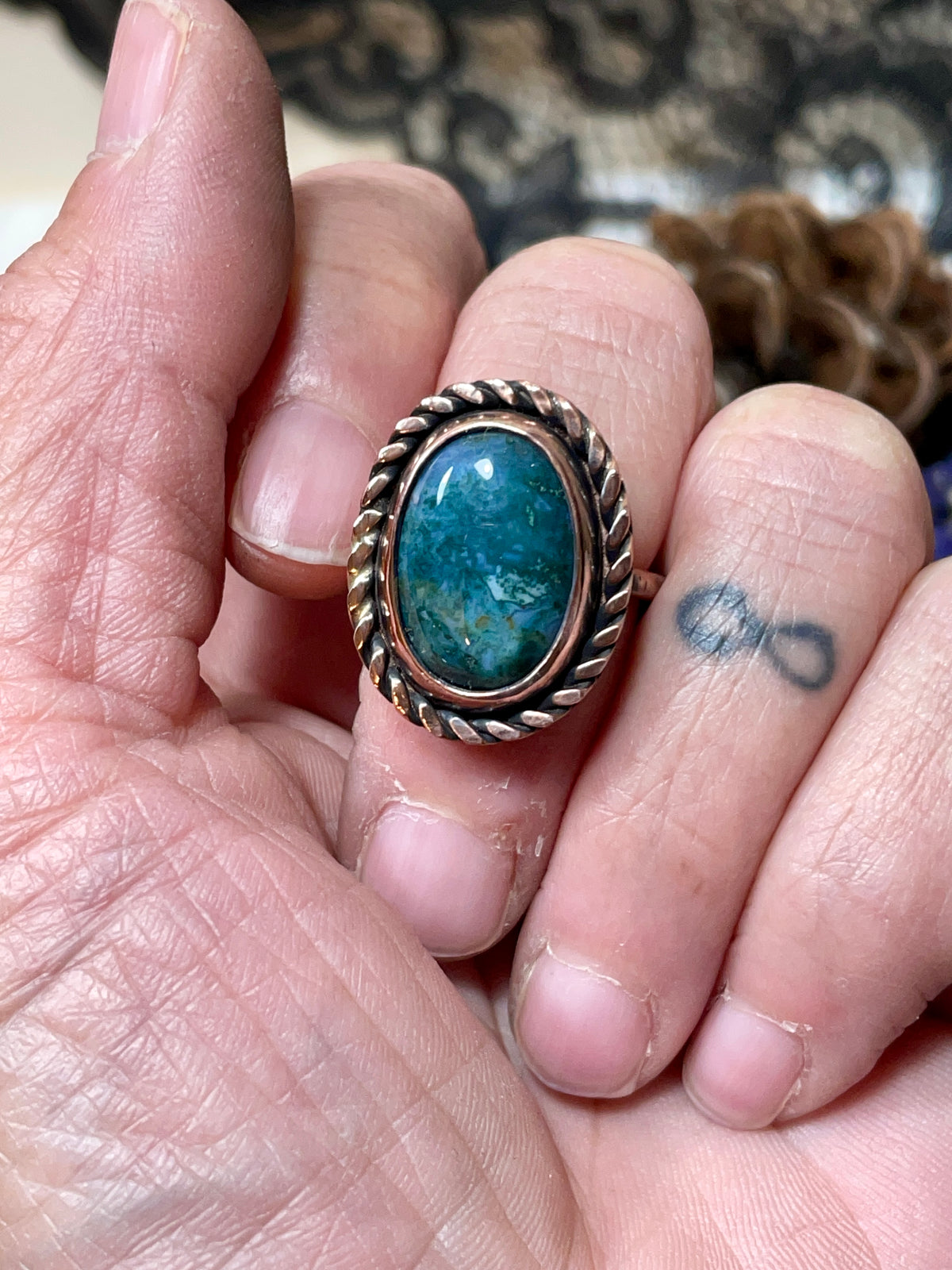 Moss Agate Copper Ring Size 7.5