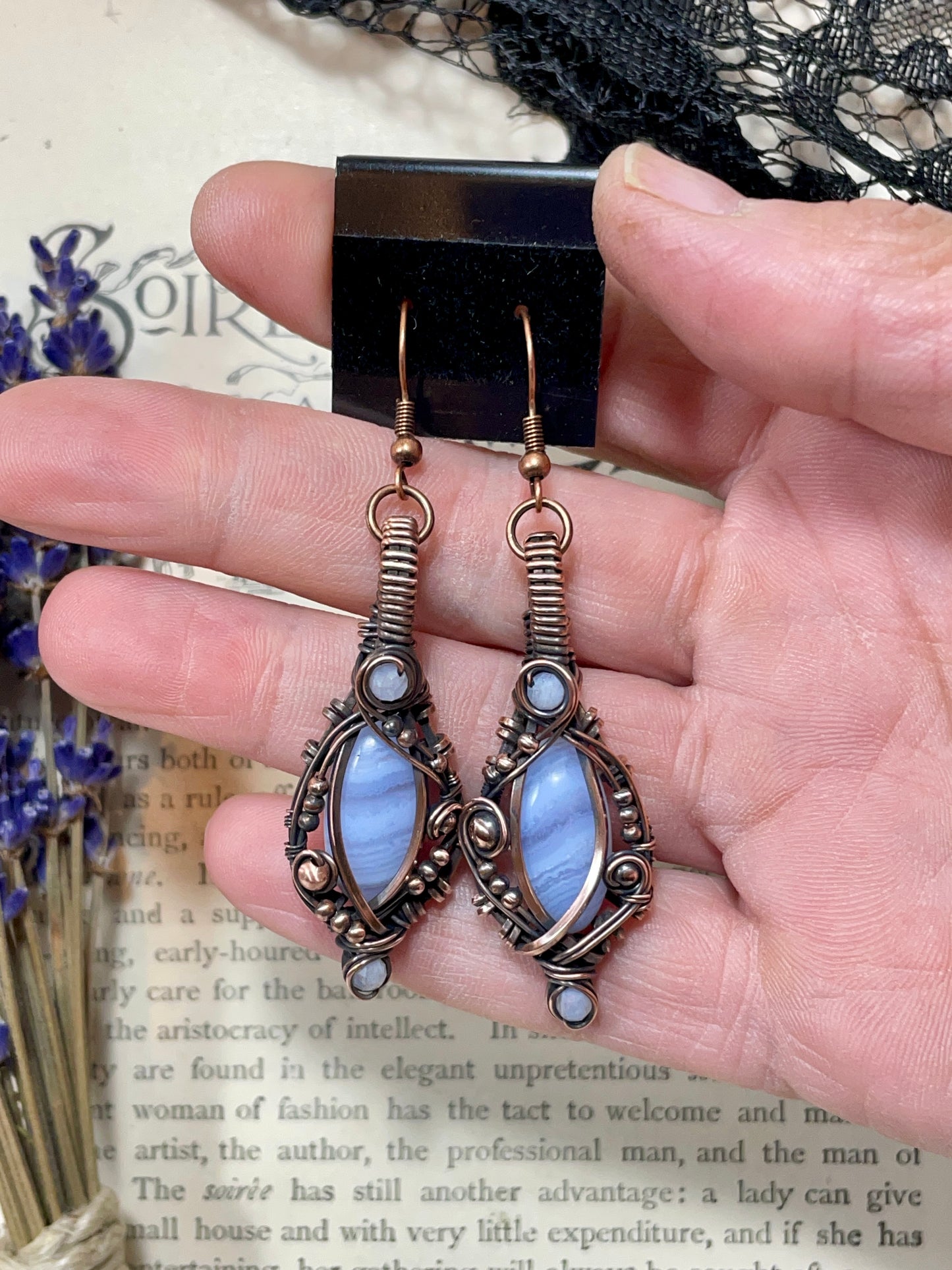 Blue Lace Agate Earrings in Copper