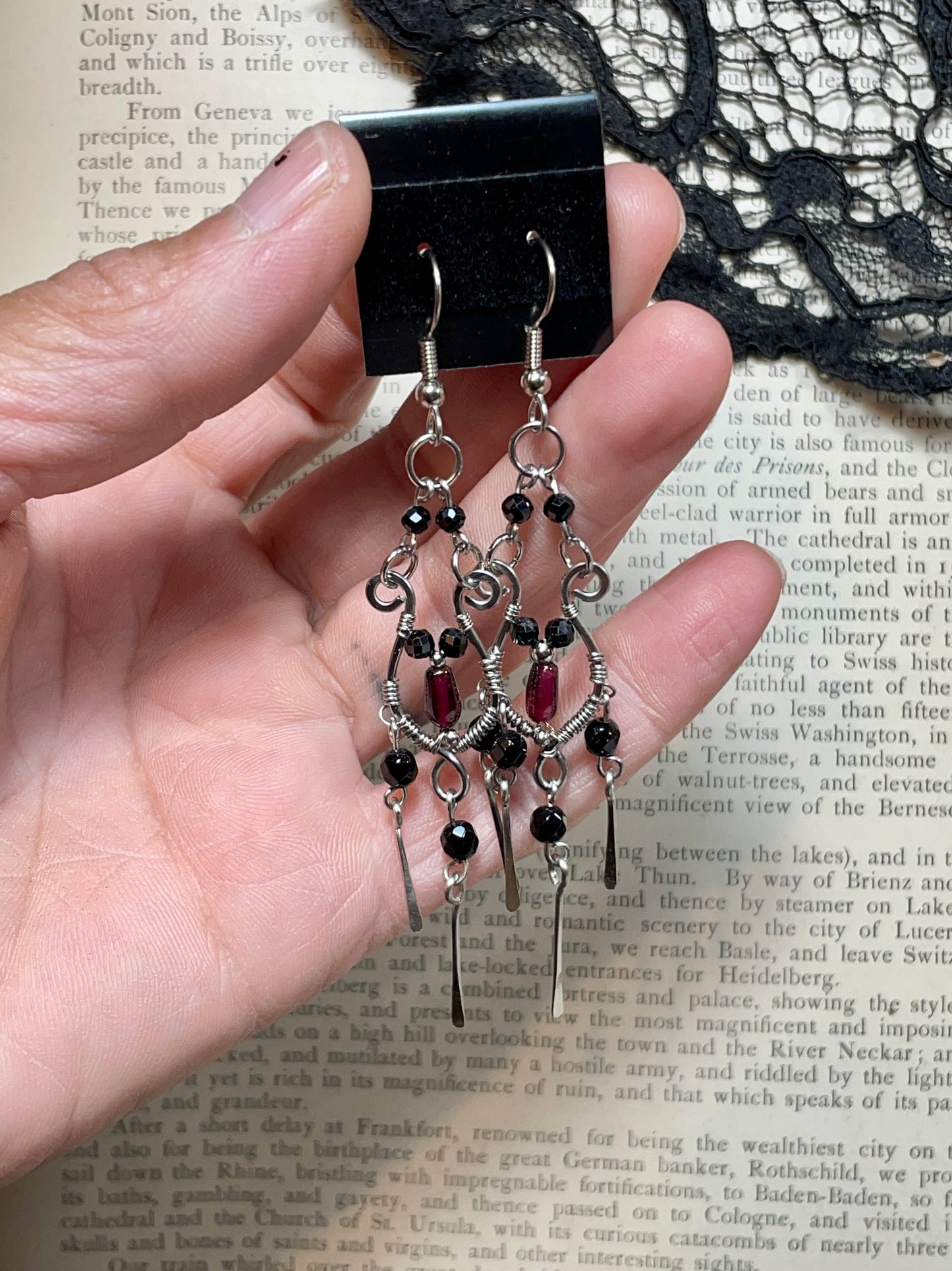 Onyx and Garnet Chandelier Earrings in Stainless Steel