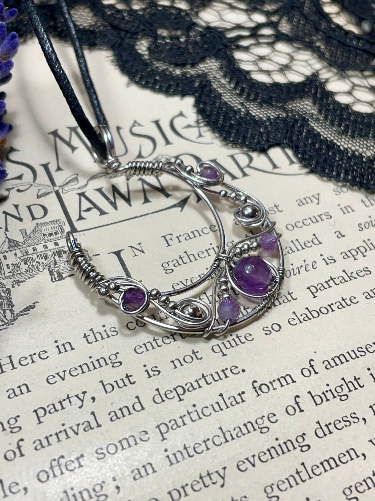 Amethyst Crescent Moon Pendant in Stainless Steel