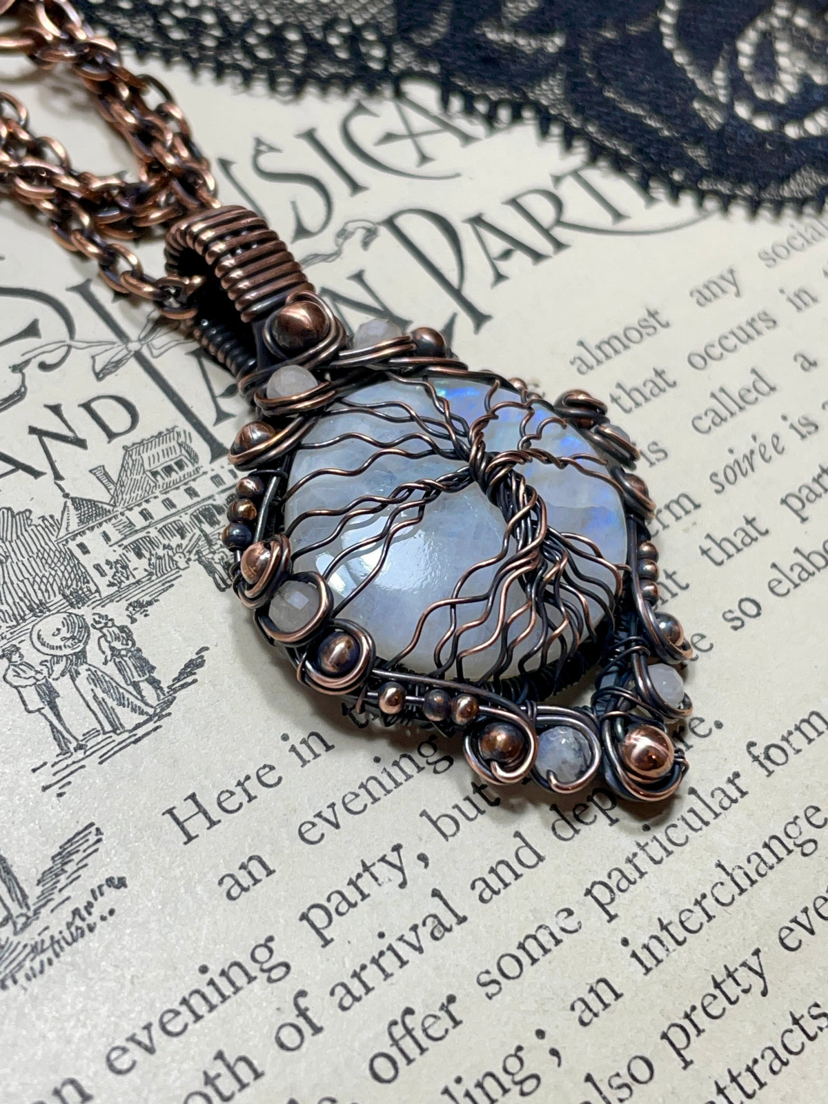 Moonstone (Rainbow Moonstone) Tree of Life Pendant in Antiqued Copper