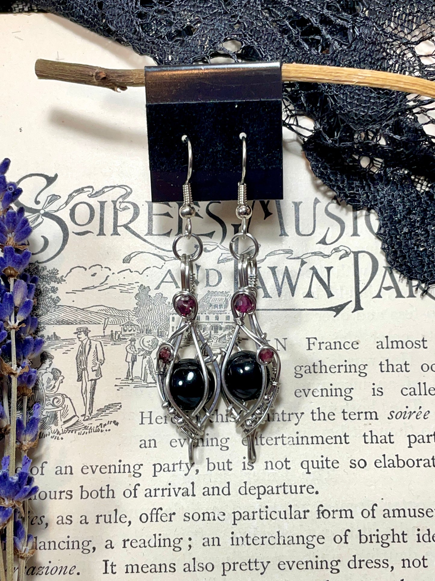 Onyx and Garnet Earrings in Stainless Steel