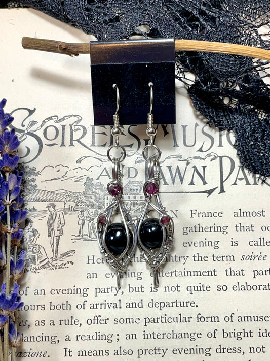 Onyx and Garnet Earrings in Stainless Steel
