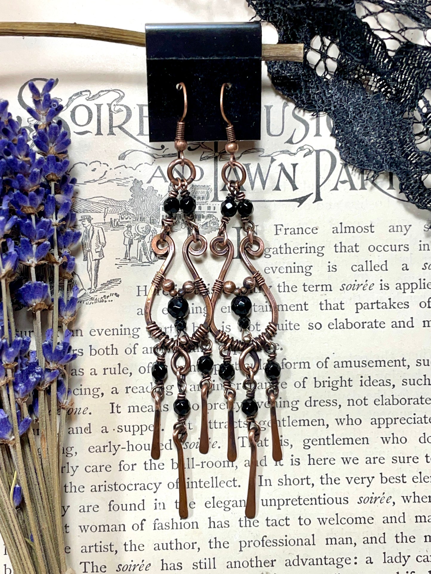 Onyx and Spinel Earrings in Copper