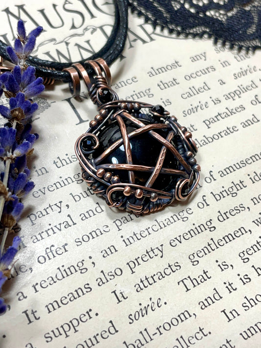 Onyx and Spinel Pentacle Pendant in Antiqued Copper
