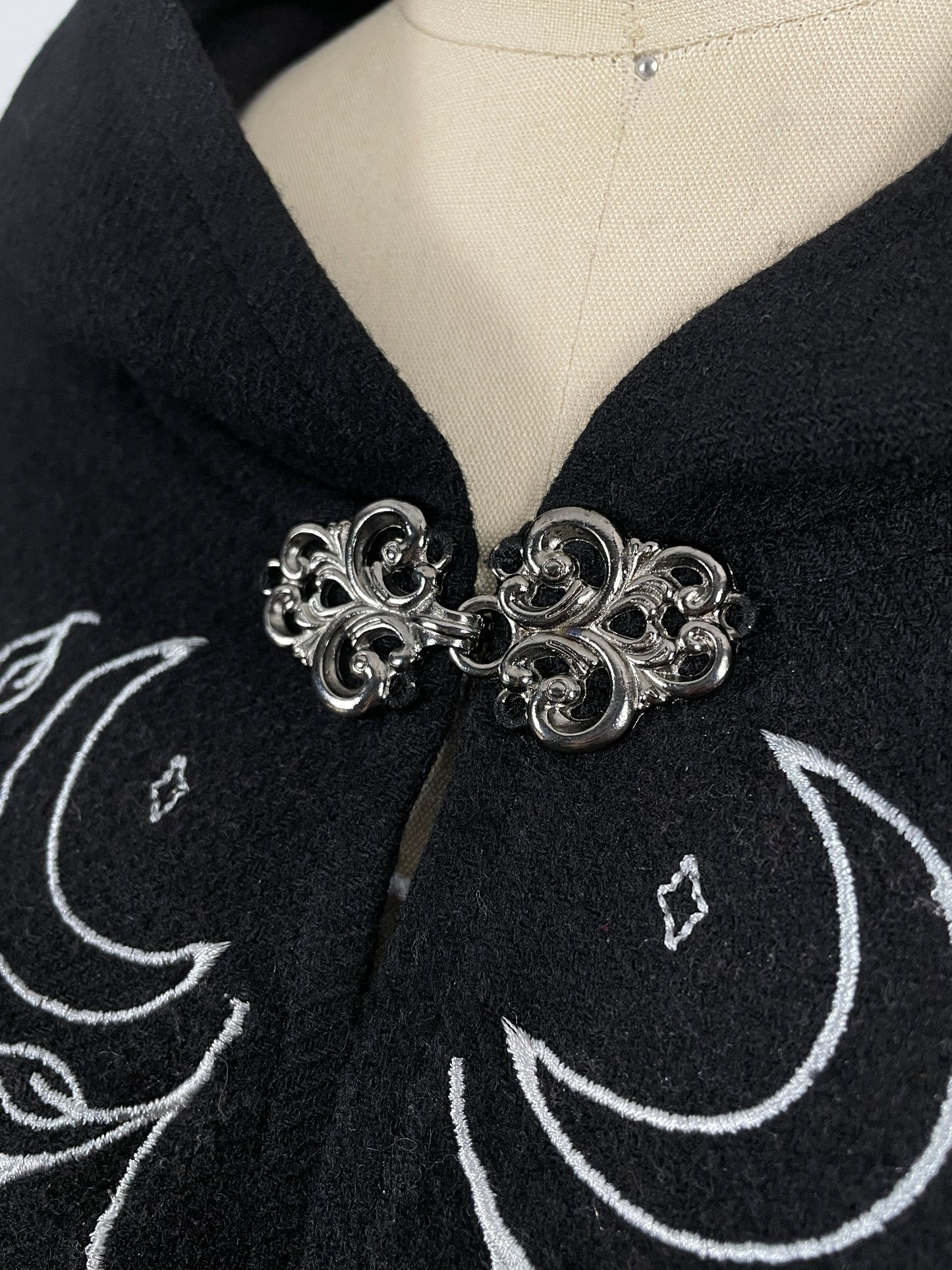 Celestial Black Wool Capelet in Silver