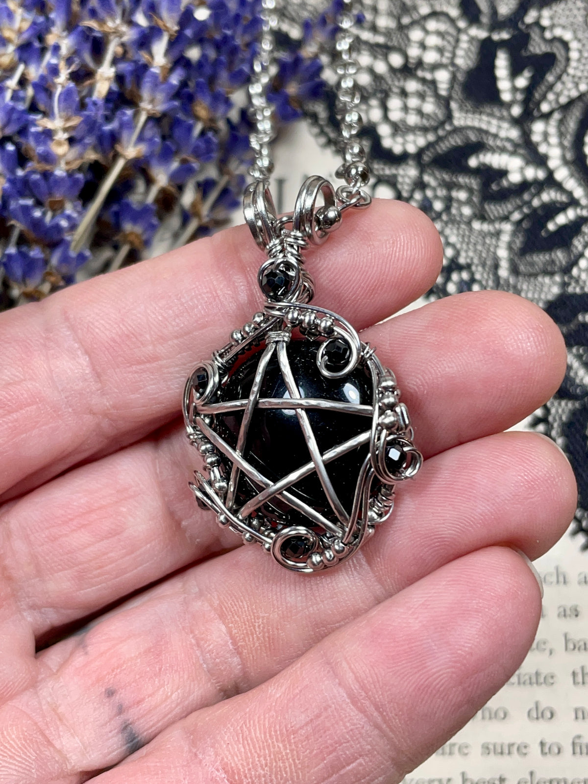 Onyx and Spinel Pentacle Pendant in Stainless Steel