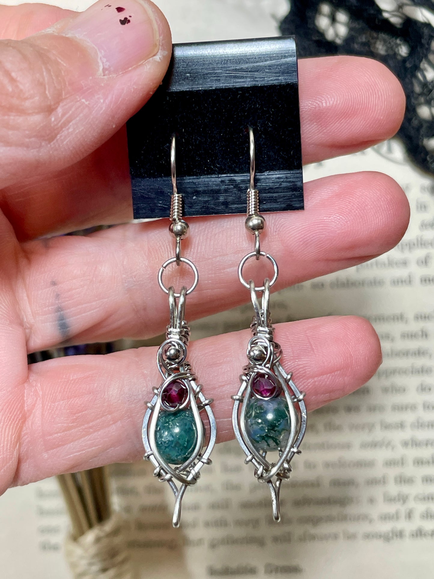 Moss Agate and Garnet Earrings in Stainless Steel