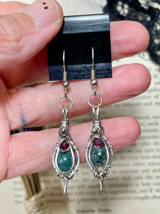 Moss Agate and Garnet Earrings in Stainless Steel