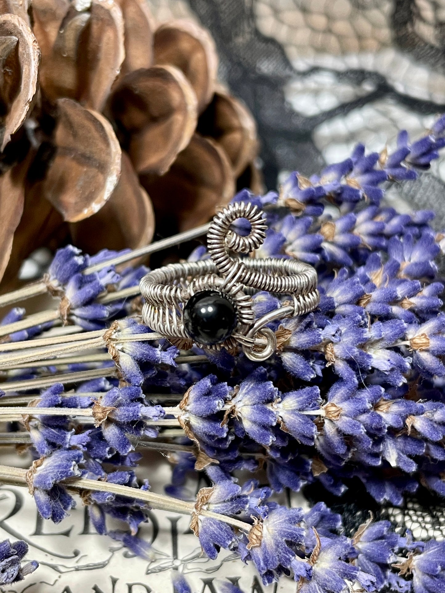 Onyx Bead Woven Sterling Silver Ring Size 8
