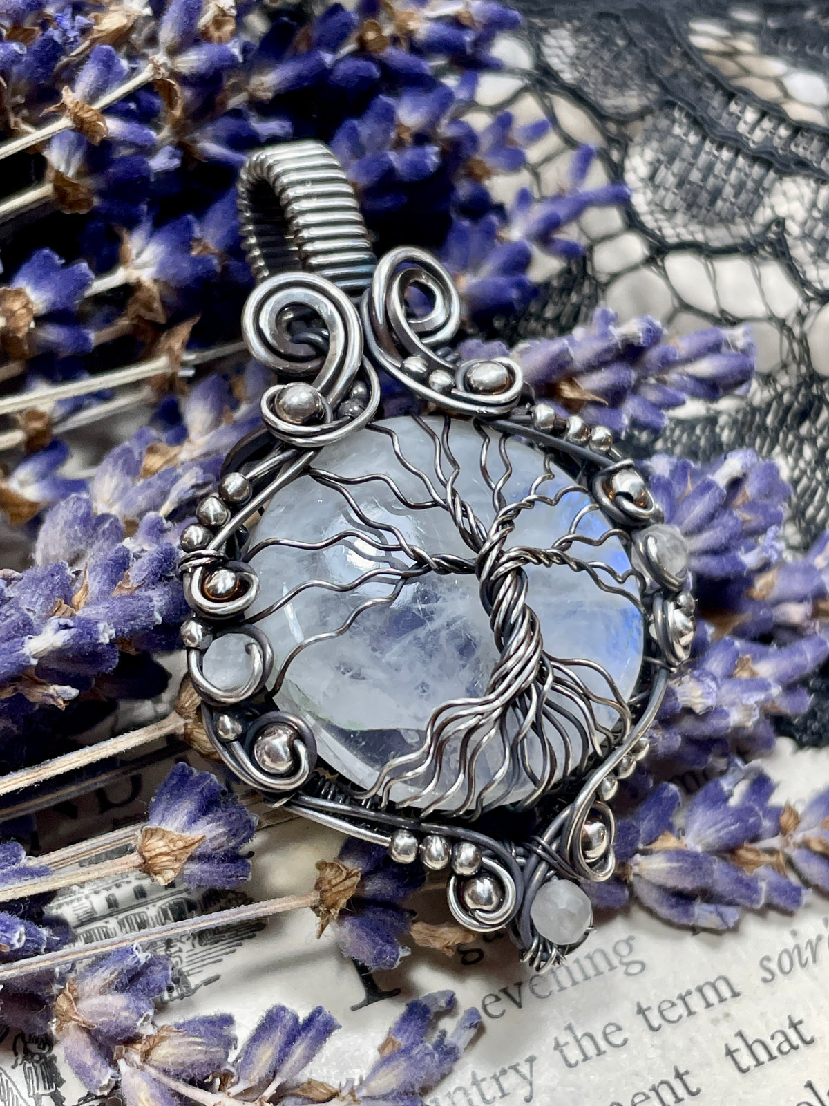 Moonstone (Rainbow Moonstone) Tree of Life Pendant in Sterling Silver