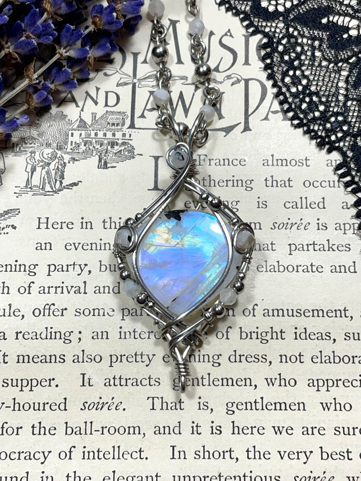 Moonstone (Rainbow Moonstone) Pendant in Stainless Steel