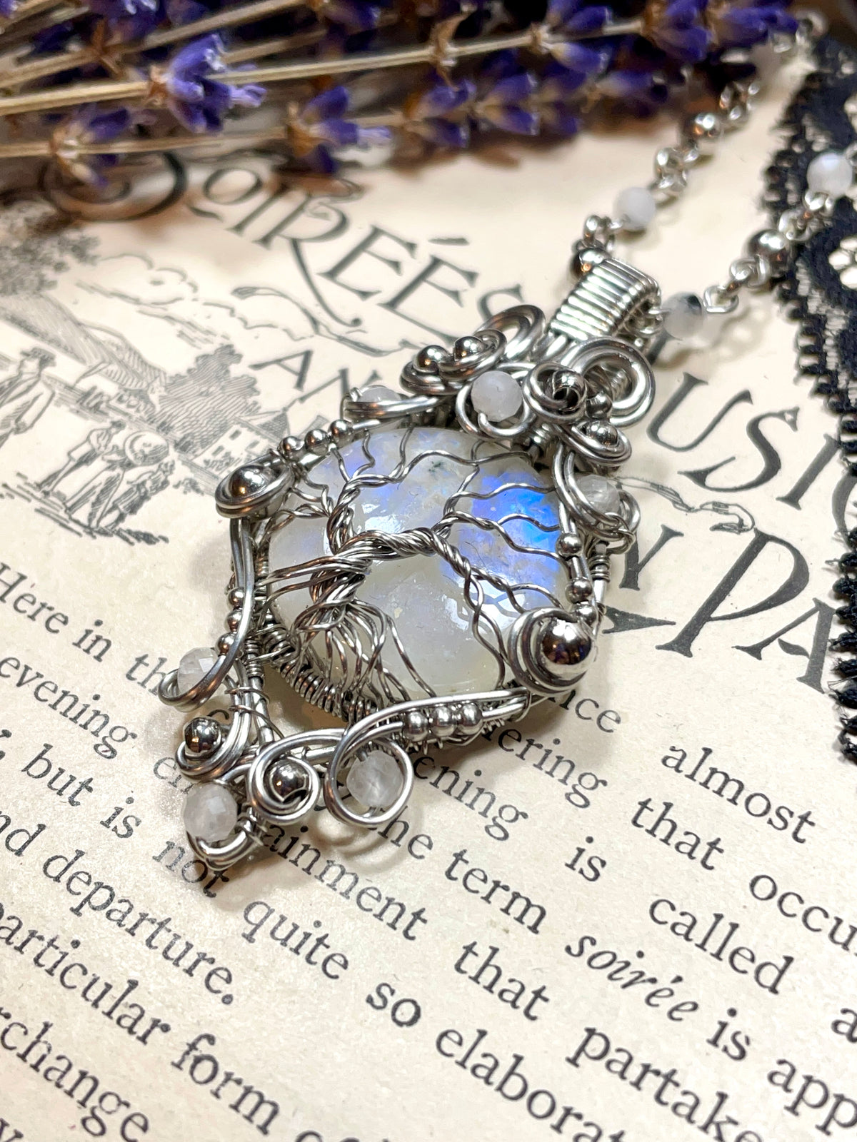 Moonstone (Rainbow Moonstone) Tree of Life Pendant in Stainless Steel