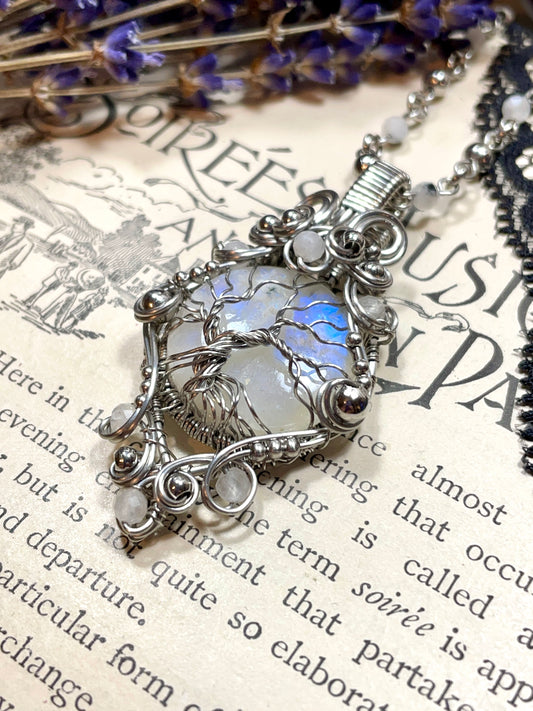 Moonstone (Rainbow Moonstone) Tree of Life Pendant in Stainless Steel