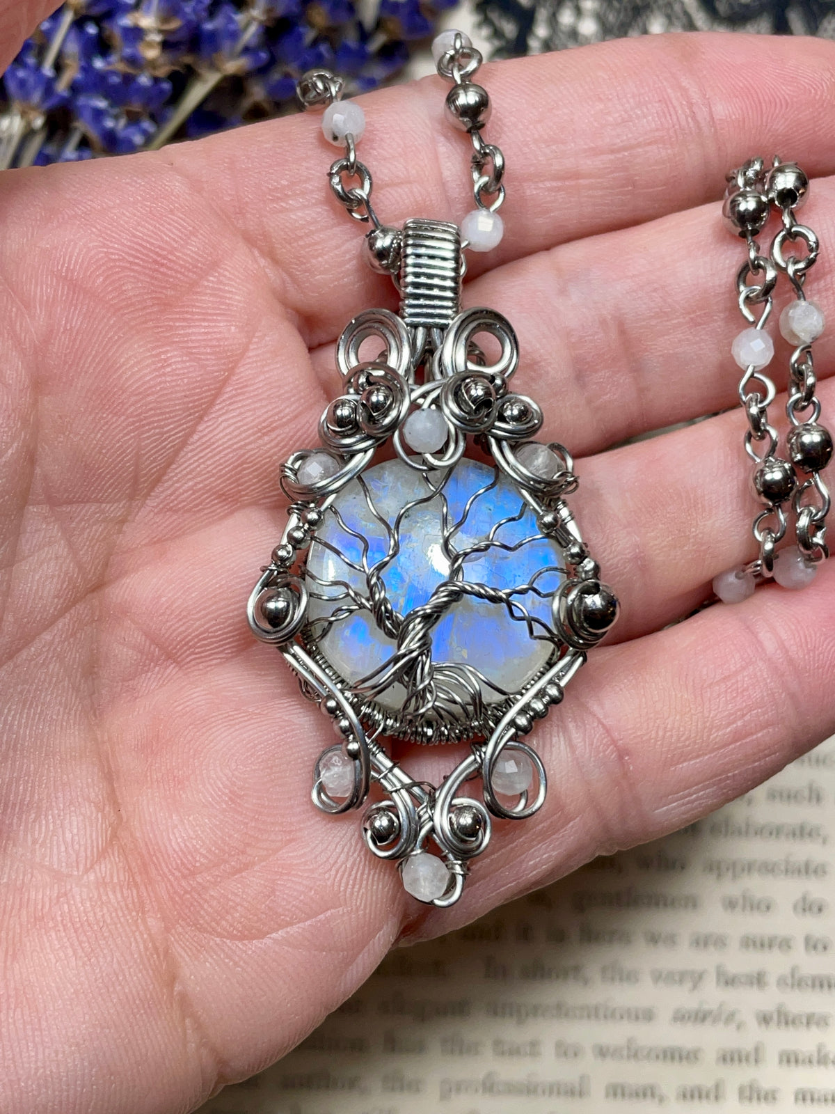 Moonstone (Rainbow Moonstone) Tree of Life Pendant in Stainless Steel