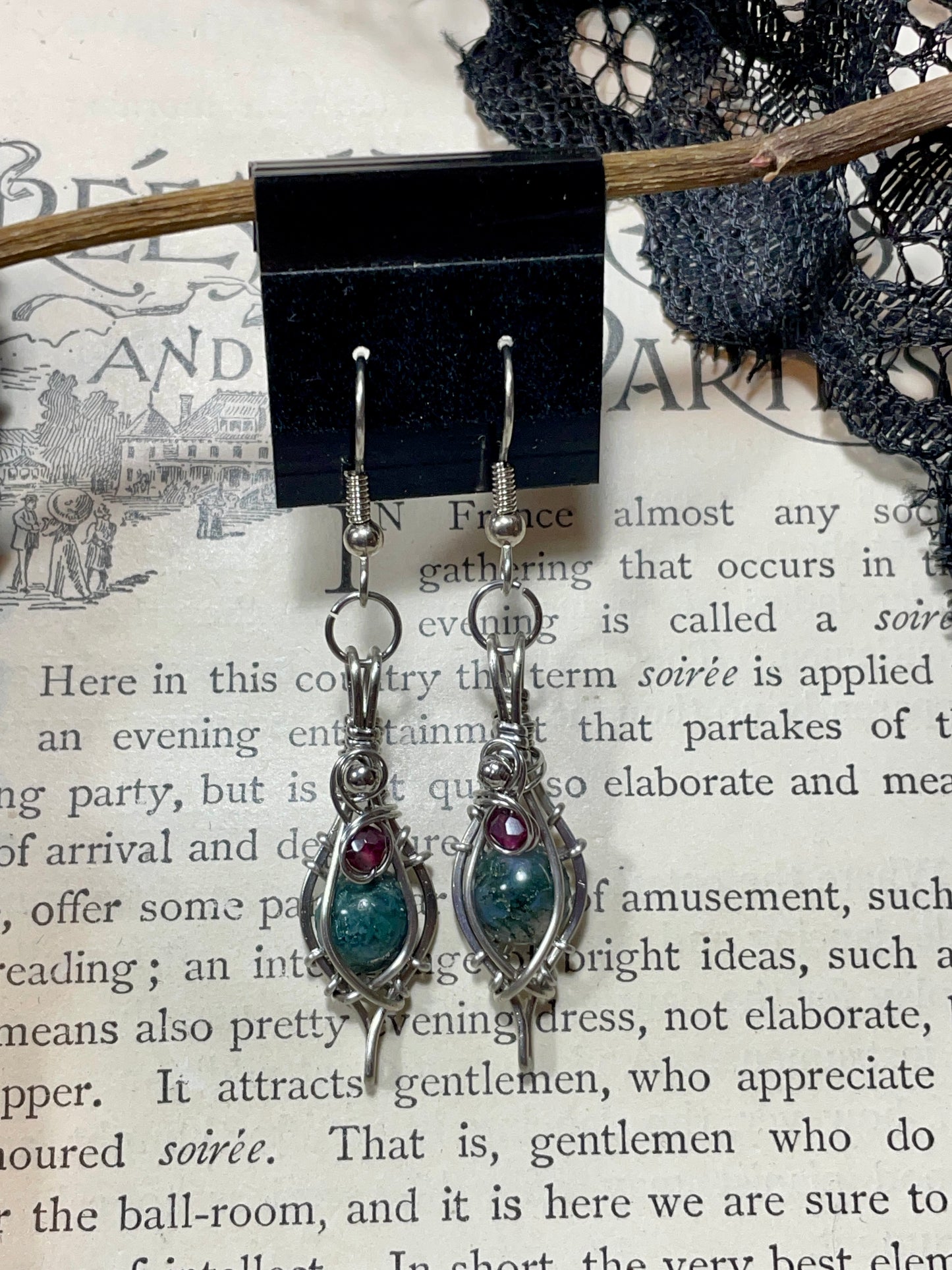 Moss Agate and Garnet Earrings in Stainless Steel