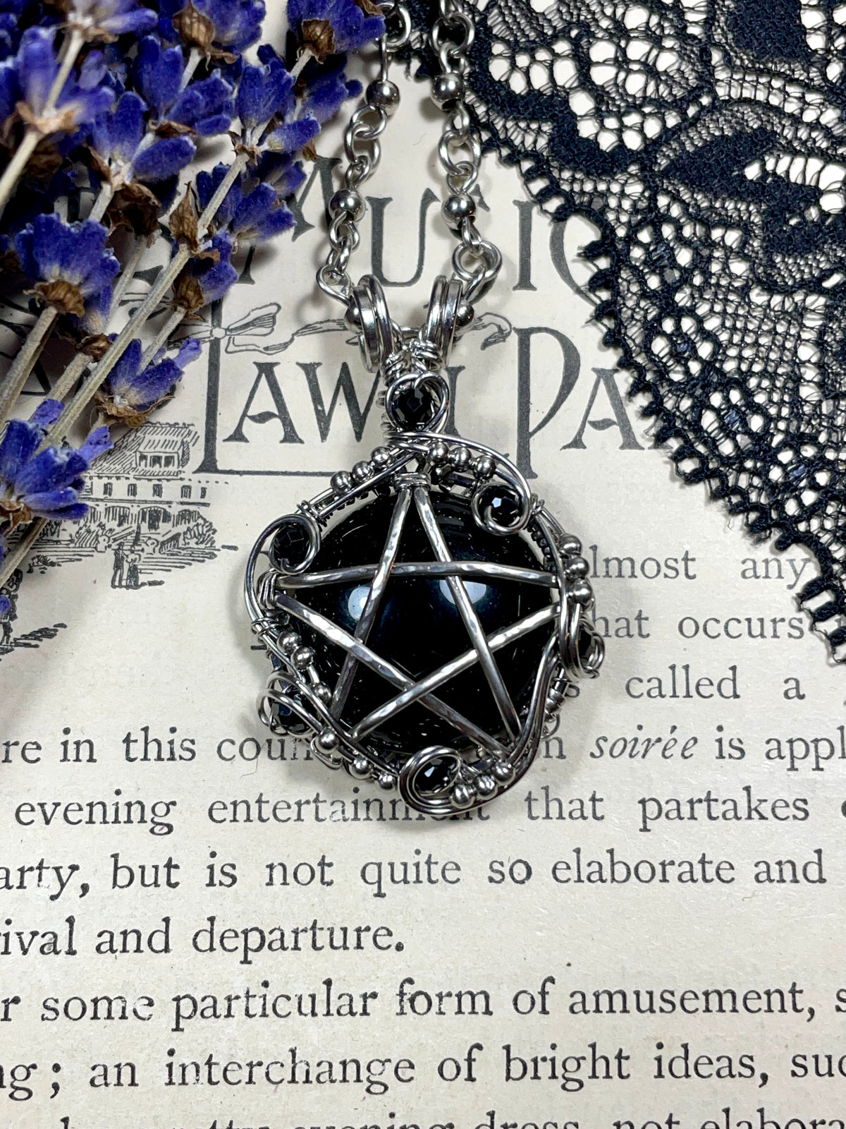 Onyx and Spinel Pentacle Pendant in Stainless Steel