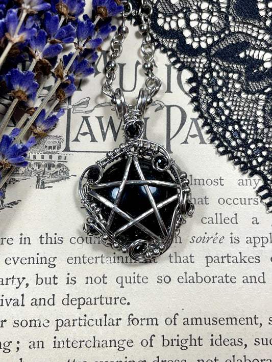 Onyx and Spinel Pentacle Pendant in Stainless Steel
