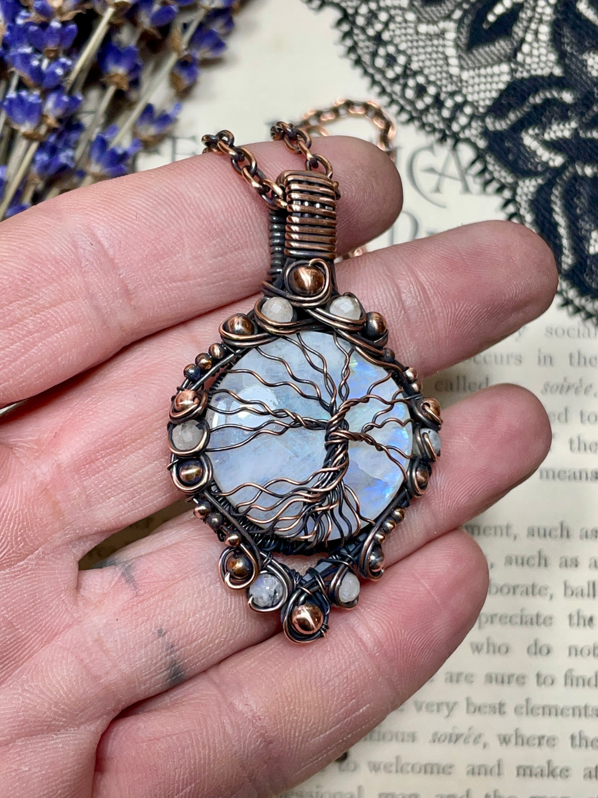 Moonstone (Rainbow Moonstone) Tree of Life Pendant in Antiqued Copper
