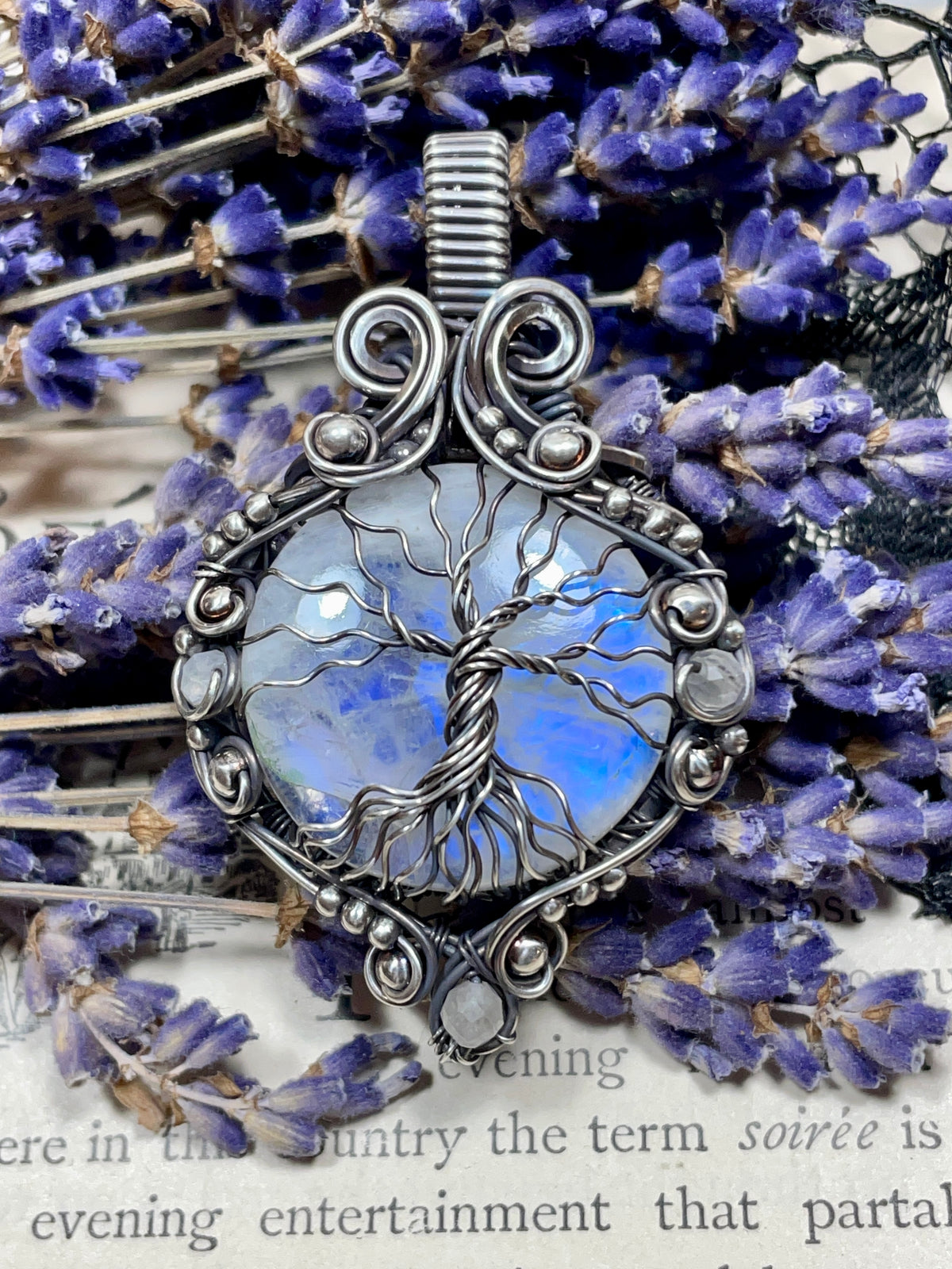 Moonstone (Rainbow Moonstone) Tree of Life Pendant in Sterling Silver