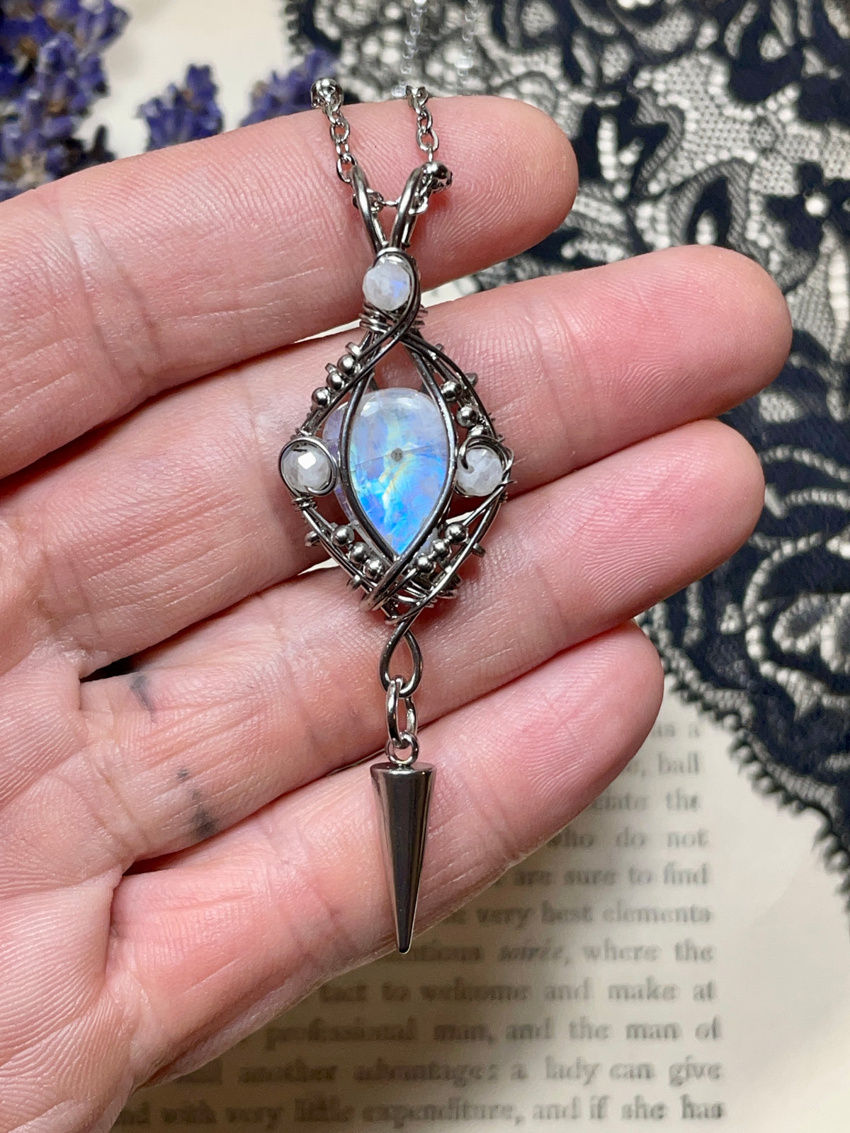 Moonstone (Rainbow Monstone) Pendant in Stainless Steel