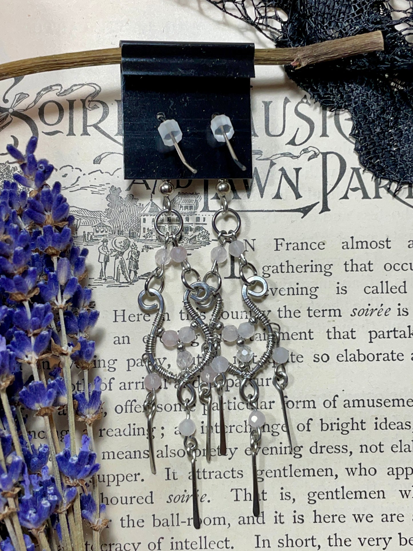 Rose Quartz Chandelier Earrings in Stainless Steel