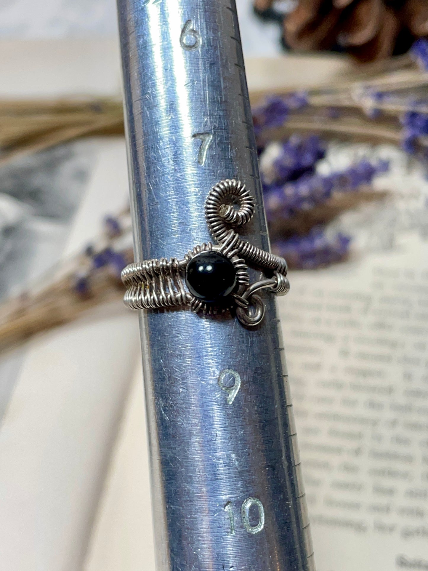 Onyx Bead Woven Sterling Silver Ring Size 8