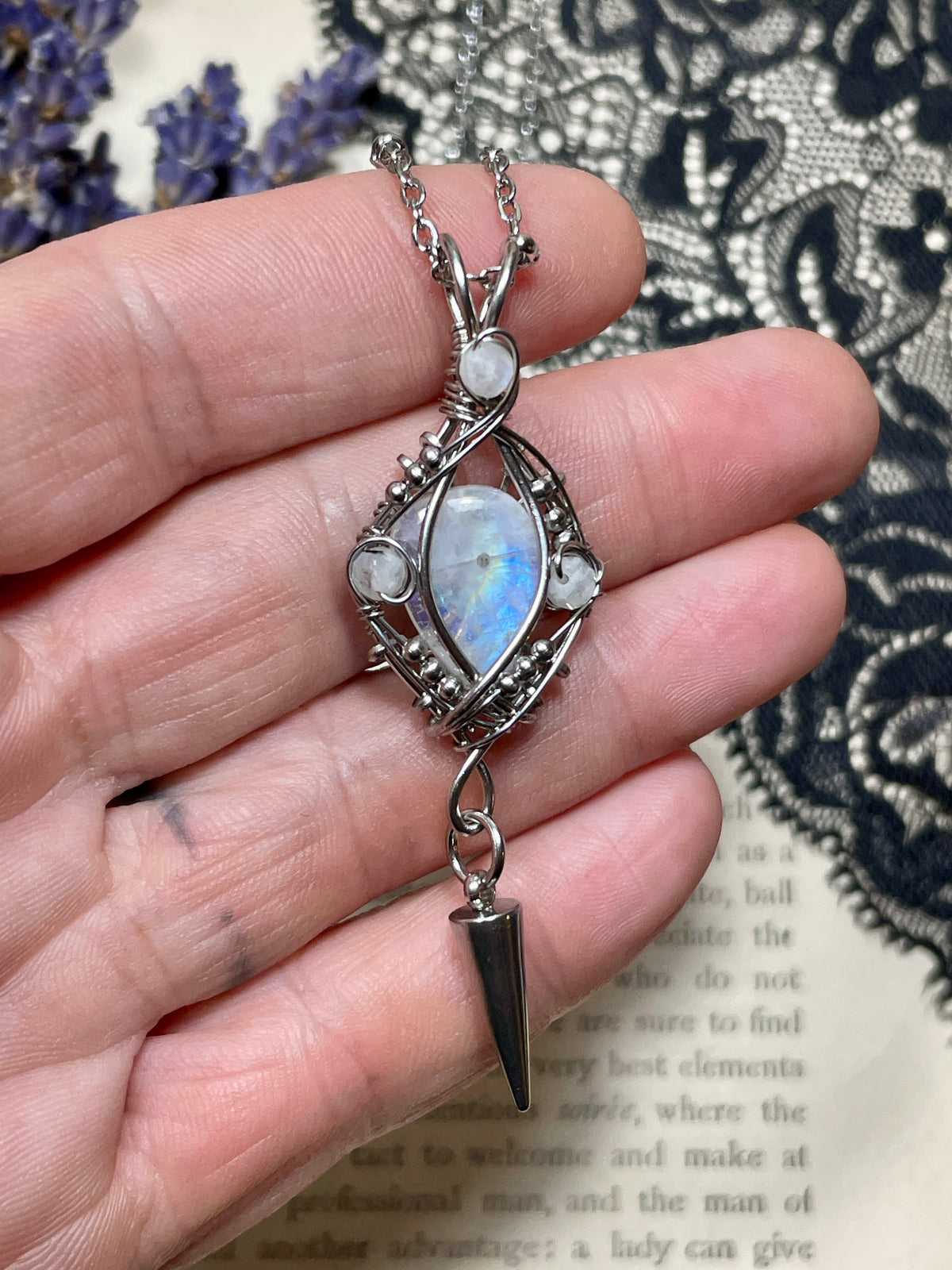 Moonstone (Rainbow Monstone) Pendant in Stainless Steel