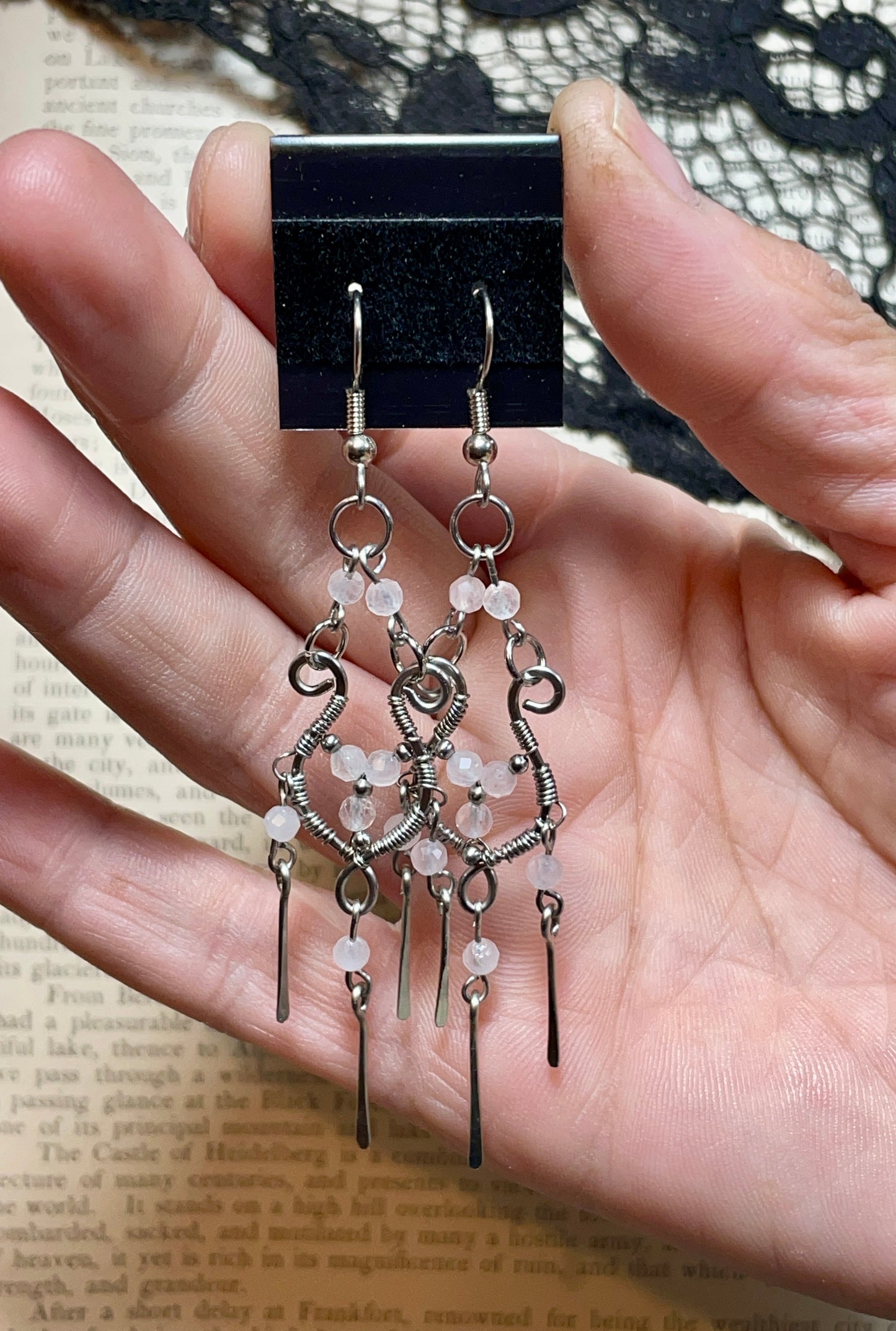 Rose Quartz Chandelier Earrings in Stainless Steel